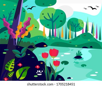 landscape nature with trees and flowers