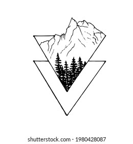Landscape nature in triangle. Illustration Mountains and forest. Camping, adventure clipart. Line art.