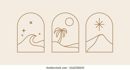 landscape nature vector in boho arch style illustration. Modern minimalist abstract aesthetic illustrations. Bohemian style wall decor. Collection of contemporary artistic posters wall art.