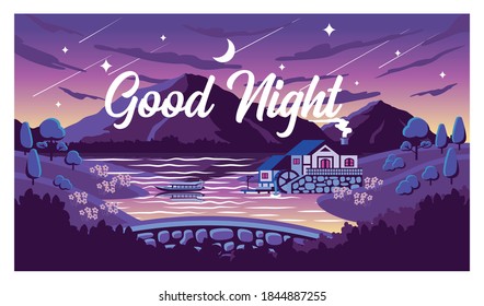 Vector de paisajes Naturales "Carta Buenas Noches" pueblo, rural, fondo, montaña, lugar maravilloso, País