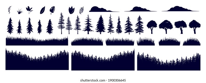 Landscape and nature vector set - Collection of trees grass, forest and plants to create your own scene and background.