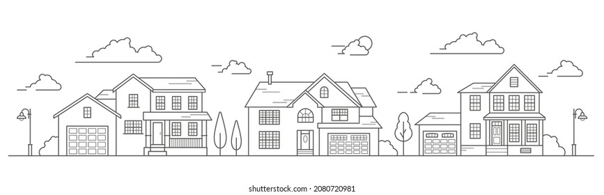 Landscape of the neighborhoods of the city, the houses of the suburbs residential area. A number of low-rise buildings of the village. Outline vector illustration