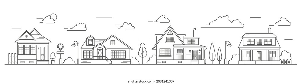 Paisaje de los barrios de la ciudad, las casas de la zona residencial de los suburbios. Varios edificios bajos del pueblo. Ilustración de vector de contorno