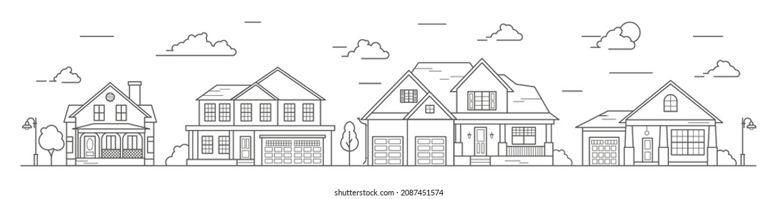 Landscape of the neighborhoods of the city, the houses of the suburbs residential area. A number of low-rise buildings of the village. Outline vector illustration