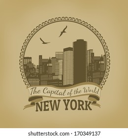 Landscape of New York ( The Capital of the World) on vintage postcard, vector illustration