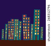 Landscape, night at the city. Hand drawn doodle houses.Vector illustration.Flat.