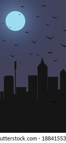landscape of a night city with a mysterious moon and birds flying into the distance