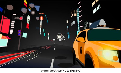 landscape of a night city with a walking taxi