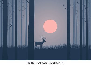 Landscape of a night forest with deer and a beautiful moon. Beautiful vector landscape of a foggy night forest with silhouettes of trees, grass, deer and a big moon.