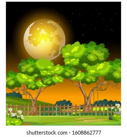 Landscape Night Grass Field Yard Hill View With Trees And White Flower Cartoon