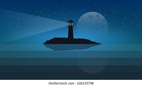 Landscape Night Lighthouse. Vector Illustration.