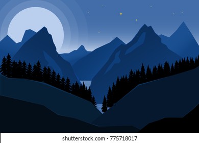 Landscape of night mountains in flat style. Design element for poster, banner. Vector illustration