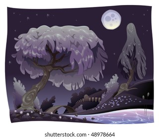 Landscape in the night with river. Vector illustration.
