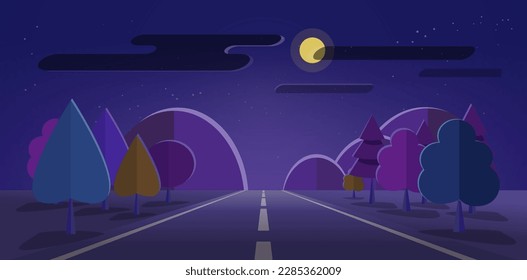 Escena de la carretera nocturna panorámica cartografía plana vector, carretera natural a la luna montañas y perspectiva forestal gráfico diseño de imagen moderna