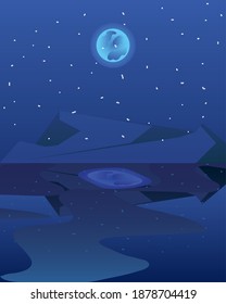 reflejo de la luna de la escena nocturna del paisaje en la ilustración vectorial del lago