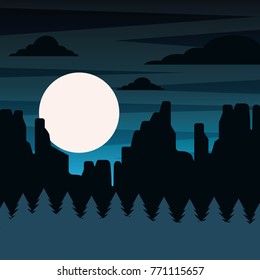 landscape night scene mountains rock pine tree full moon sky dark