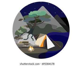 Landscape with night sea, tent and bonfire.