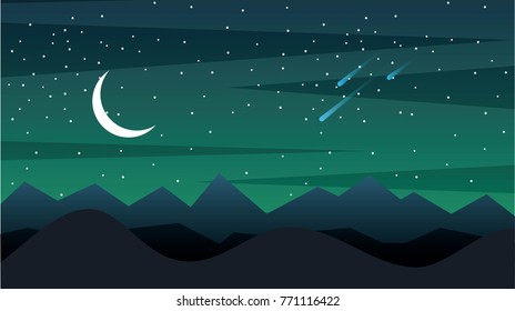 landscape night with silhouette mountains crescent moon and falling asteroids