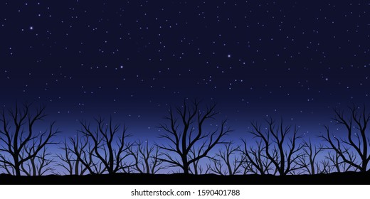 landscape night of star with dark sky and tree dead. Vector illustration.