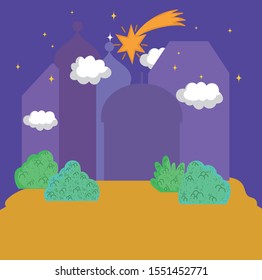 landscape night star sky nature town silhouette vector illustration