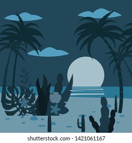 Landscape night tropics exotic flora plants, palm trees, leaves, cacti. Trend Fleet Cartoon Style, Vector, Illustration, Isolated, Banner, Poster, Postcard, Template