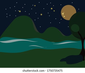 Vista panorámica nocturna de montañas y ríos. Ilustración plana.