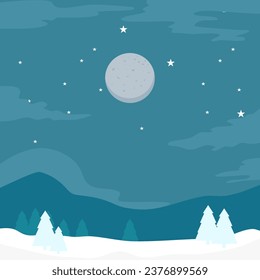 Landscape night winter with flat design style