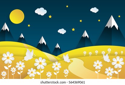 landscape nighttime flower field with summer season.paper art style.