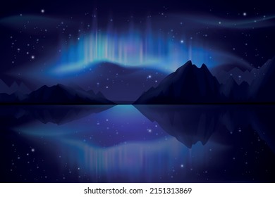 landscape. Northern light mountains fjord. Vector aurora in background