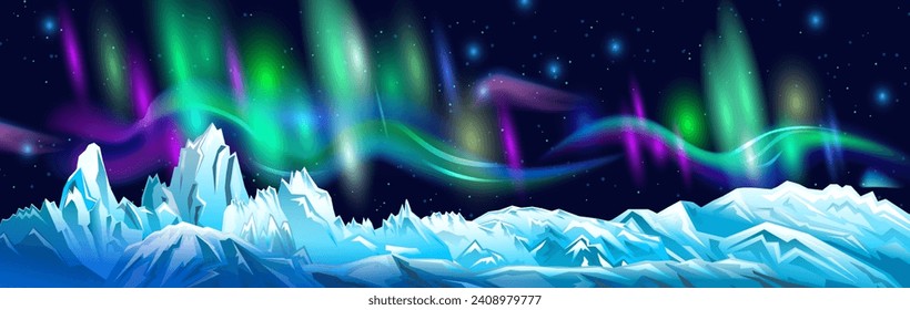 Landscape with Northern lights and snowy mountains, vector illustration 