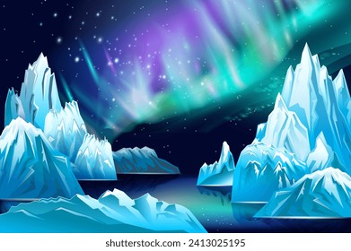 Landscape with Northern lights and snowy mountains