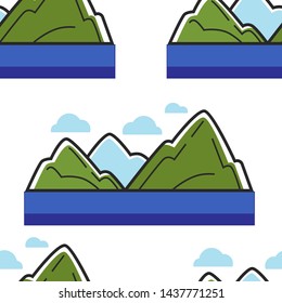 Landscape Norway mountains and sea or ocean seamless pattern vector rocks or grass and ice mount traveling and tourism wild nature and water endless texture Norwegian view or scene wallpaper print.
