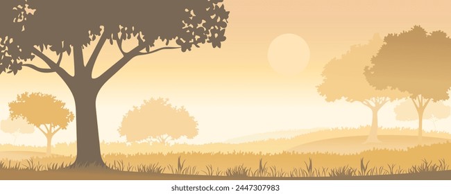 Landscape of an oak grove in the summer rays. Beautiful warm landscape of deciduous trees and oaks, grass and shrubs in yellow and orange colors. Forest silhouettes.