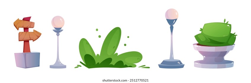 Landscape Object and Element with Bush and Lamp Post Vector Set