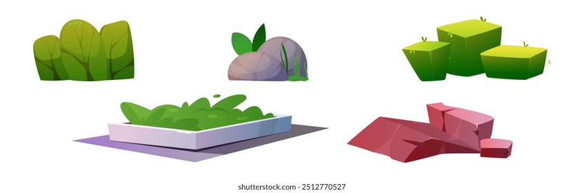 Landscape Object and Element with Stone and Bush Vector Set