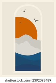 Landscape with ocean and mountains poster illustration. Island and lake Japanese design.