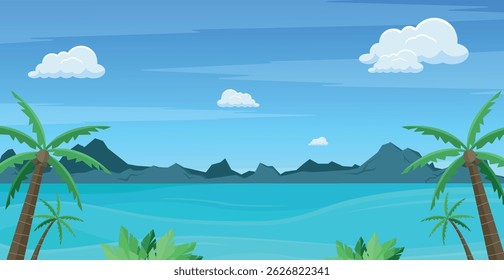 Landscape with ocean, palm trees and rocks. Banner, postcard, background. Tourism and hospitality.