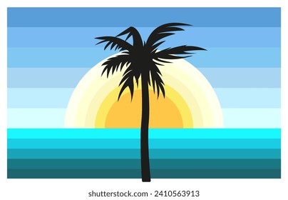 Landscape of the Ocean and the Sun with Palm Tree. Vaporwave. Black silhouette of a tropical tree. Color levels. Sunrise or sunset on the beach. Palm leaves. Game drawing. Nature. Vector illustration