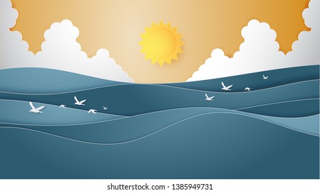 Landscape of Ocean water wave with sun, cloudscape and flying seagulls paper cut style. Summer background concepts for poster, banner template, flyer, wallpaper, advertising promotion. 