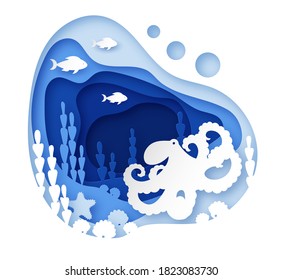 Paisaje con un pulpo en el fondo del océano con algas, peces, conchas y medusas. Diseño marino multicapa del mundo submarino. Estilo de corte de papel. Ilustración del vector