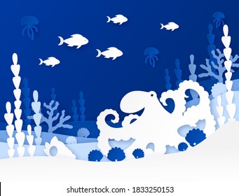 Landscape with an octopus at the bottom of the ocean with algae, fish, shells and jellyfish. Marine multi-layer design of the underwater world. Paper cut style. Vector illustration