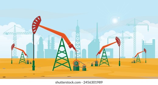 Paisaje de la industria de gas petrolífero con productos químicos o petroquímicos, planta de refinería de petróleo de procesamiento, torre de plataforma y fábrica de extracción de gas petrolífero, Ilustración vectorial.