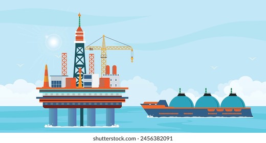 Paisaje de la industria del gas de petróleo con productos químicos o petroquímicos. Pozo y plataforma petrolíferos, extracción, producción y transporte de petróleo, combustible y gasolina en camiones cisterna, barcos. Plataforma de perforación de plataforma de agua de fondo.