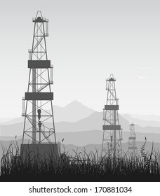 Landscape with oil rigs over mountain range. Detailed vector illustration. 