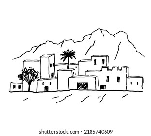 Landscape With Old City Of Saudi Or Jordan And Mountain. Pencil Sketch Of Traditional Islamic Architecture On White Background.