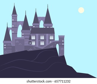 Landscape with an old dark castle on the mountain. Vector illustration