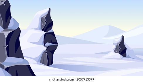 Landscape of old grey stones in snow. Background broken cartoon rocks and snowdrifts. Ice age. Vector crag in winter. Aftermath of natural disaster.