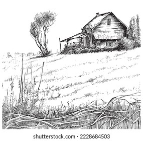 Landscape old house farm on meadow hand drawn sketch Vector illustration.