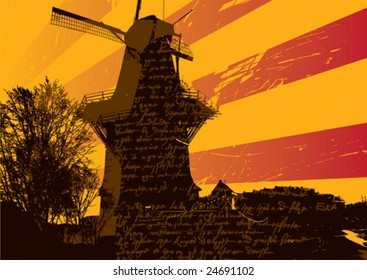 Landscape with old mill. Vector illustration.