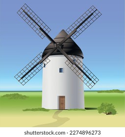 Landscape old stone white windmill. Vector art illustration